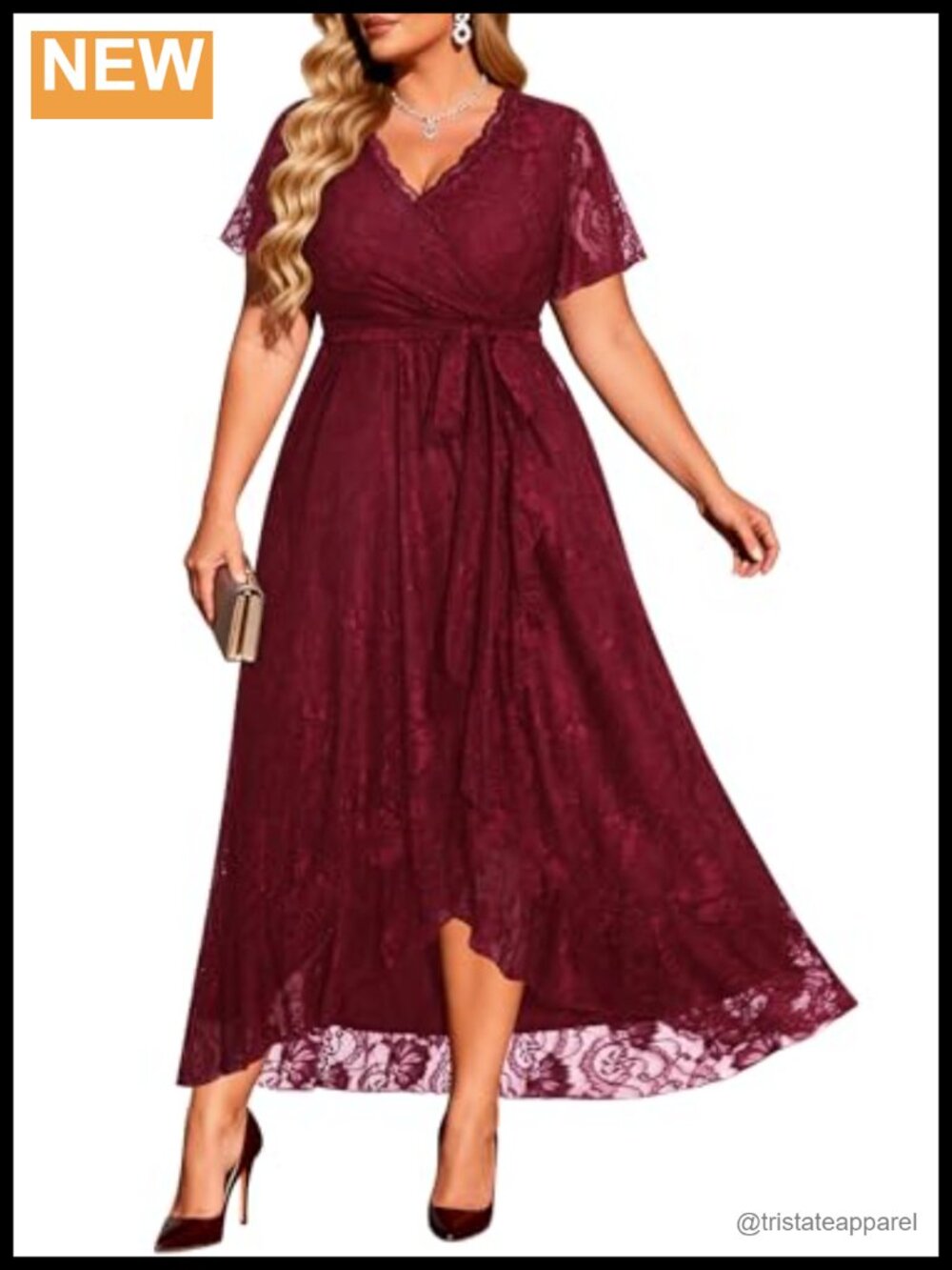 Lace High Low Formal Wedding Guest Dress Ruffle Sleeve